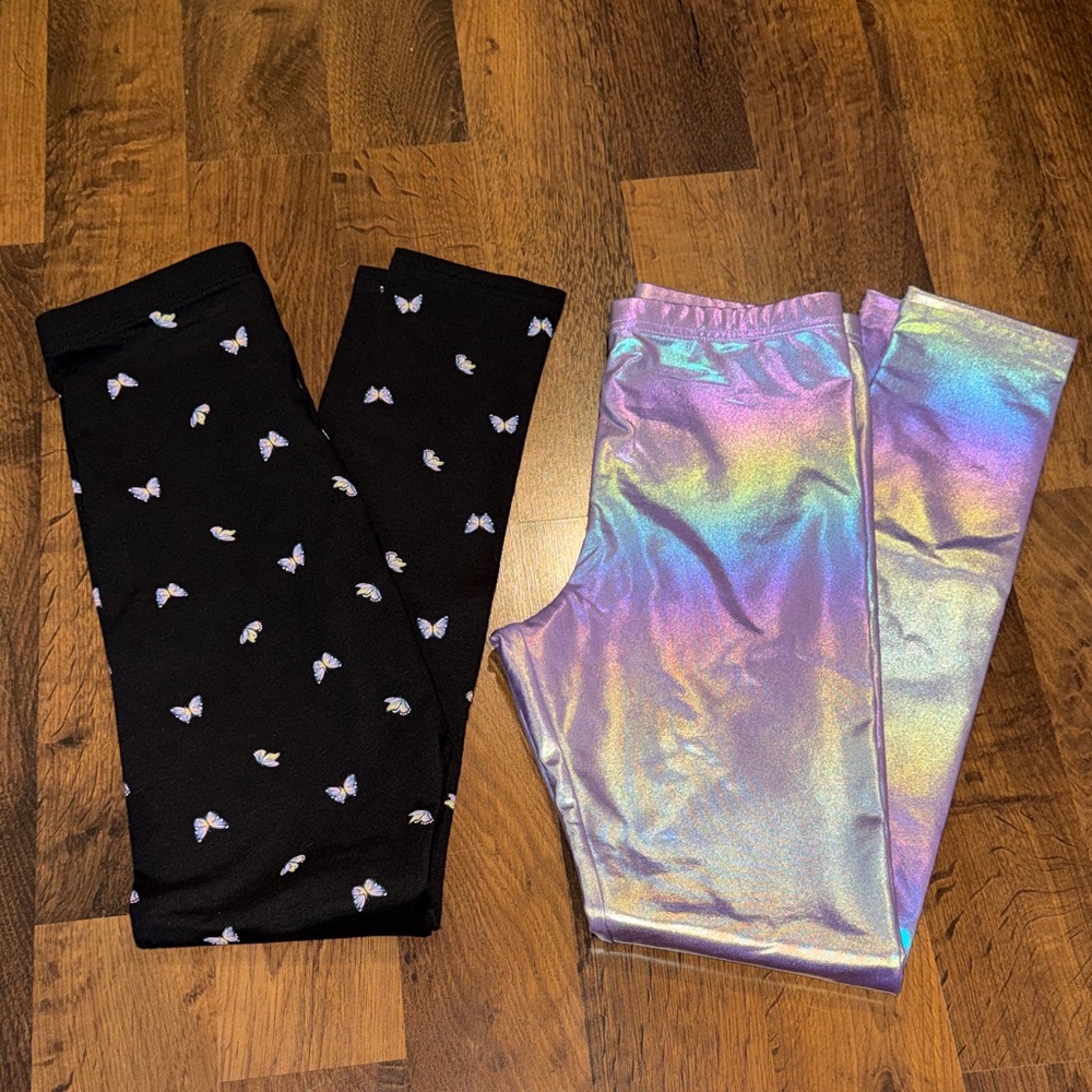 NWT Girls size XL - Black Butterfly Print & Holographic Rainbow Type Leggings